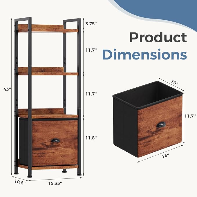 DUMOS 4 Tier Bookshelf with Fabric Drawer, Industrial Bookcase, Narrow Display Standing Shelf, Wood and Metal Storage Shelf Organizer in Bedroom, Living Room, Brown