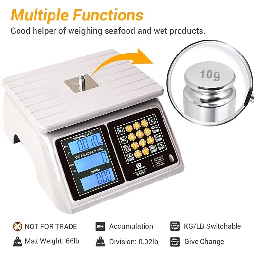 Waterproof Commercial Food Scale 66lb with Price Computing - Digital Rechargeable Scale for Meat, Seafood, Produce at Farmers Market, Butcher Shop, Food Truck, IPX7 Dual Large Display
