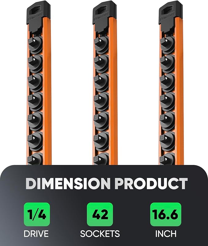 ALOANES Magnetic Socket Organizer Set, 3-Piece Heavy Duty Aluminum Socket Rails, 360° Swivel Clips Socket Rail Kit for Tool Tray Drawer Fit 1/4-Inch x 42 Clips (Orange, 3PC)