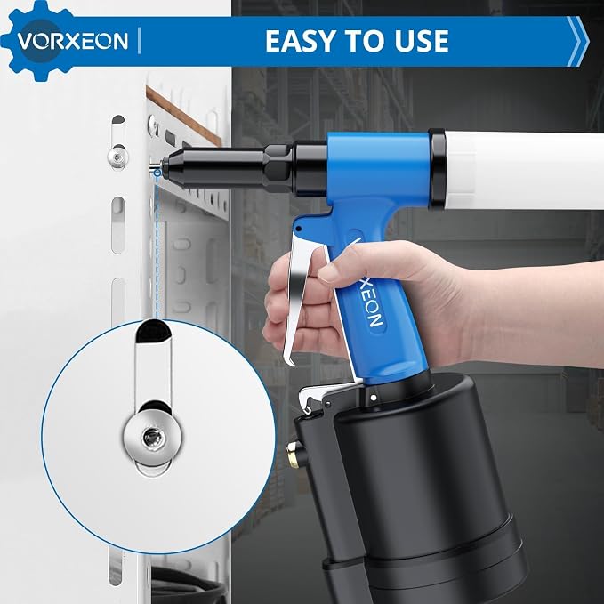 Air Rivet Gun 5 Nosepiece Sizes 3/32" to 1/4" with 3916 lbf Power Riveting for Heavy-Duty Automotive, Metalworking, HVAC and Construction Industrial Pneumatic Riveter Tool