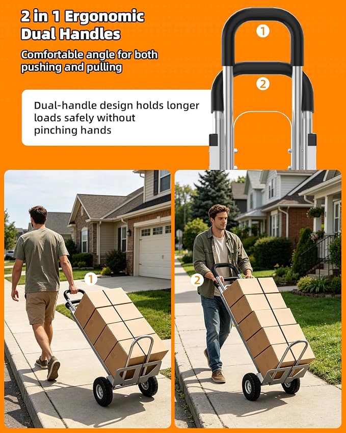 2 in 1 Hand Truck, 600 Lbs Capacity, Dolly Cart with Wheels 10" All-Terrain Tires, Heavy Duty Alloy Steel Dolly with Dual Handles, 2 Bungee Cord for Warehouse, Home, Office, Dormitory, Silver