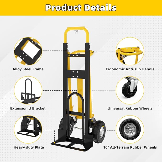 4 in 1 Convertible Hand Truck Dolly, 1000Lbs Capacity, Heavy Duty Folding Hand Truck Dolly Cart with Wheels 10" All-Terrain Tires, Hand Trucks for Logistics, Home, Office, School, Yellow