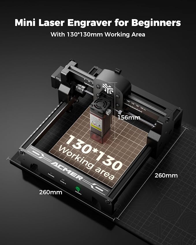 ACMER S1 Laser Engraver for Beginners, 3500mW Portable Laser Engraving Machine with 130x130mm Working Area, 0.01mm Precision, Desktop MINI Engravers for Wood, Leather, Metal, DIY Gifts & Home Projects