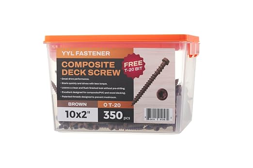 Coated Composite Deck Screws #10 x 2, Self Tapping Wood Screws and Deck Screws with Torx T20 Star Drive, Type 17 Point, Flat Head, 1 Free Bit Included (Brown, 350), by YYL FASTENER