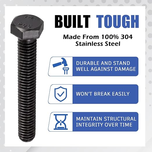 Zonon 50 Pcs 3/8-16 x 2-1/2" Hex Head Screw Bolt 18-8 (304) Stainless Steel Hexagon Bolts, Fully Threaded, Plain Finish, External Hex Drive (Black)