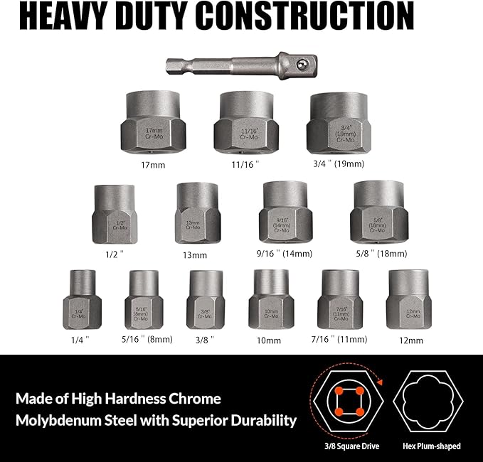 Coobeast Bolt Extractor Set Heavy Duty, 13Pcs Bolt Extractor Kit with 3/8 Inch Adapter, Stripped Lug Nut Remover, Easy Out Bolt Remover Set for Rusted, Rounded, Damaged Nuts Screws