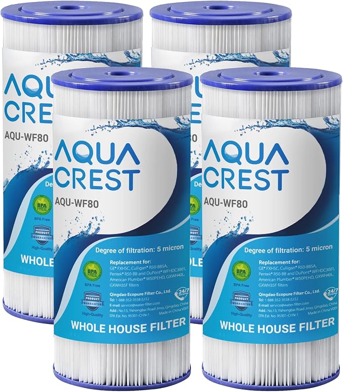 AQUA CREST FXHSC Whole House Water Filter, Pack of 4 | Replacement for GE® FXHSC, GXWH40L, GXWH35F, American Plumber W50PEHD, 5 Micron 10" x 4.5", High Flow Sediment Filters