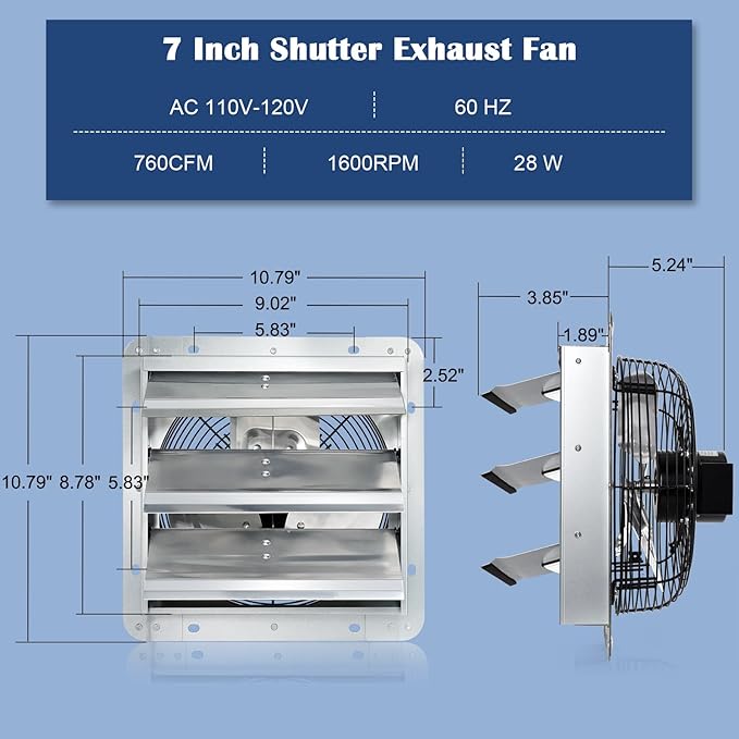 Hiorucet 7 Inch Shutter Exhaust Fan with Speed Controller and Power Cord Kit for Garage, Greenhouse, Shop, Attics, Chicken Coop, Basement, 760CFM 1600RPM Low Noise Wall Mounted Louvered Exhaust Fan.