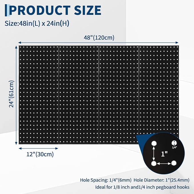 GarveeHome Heavy Duty Wall Mounted Metal Pegboard Panels for Garage Storage – 4 PCS 24"x12" Black Steel Organizer – Flexible Layout Tool Rack, Easy Installation, Ideal for Home, Workshop, Kitchen,