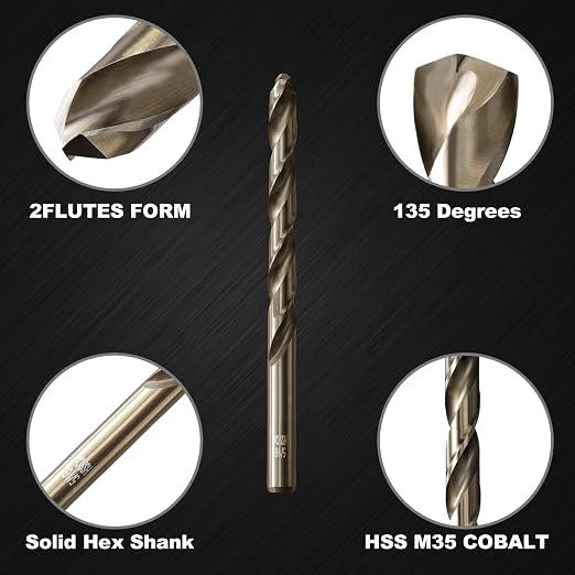 5/16 Cobalt Drill Bit for Metal and Hard Steel(5Pcs),M35 High Speed Steel Twist Jobber Metal Drill Bits,with Index Storage Case