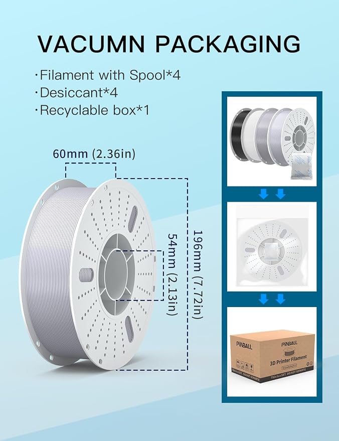 PINBALL PETG 3D Printer Filament 1.75mm High Precision Durable Strong Filament Mith Better Flow Dimensional Accuracy +/- 0.02mm Suitable for Most FDM 3D Printers 4 Kilograms Black,White, Grey,Silver