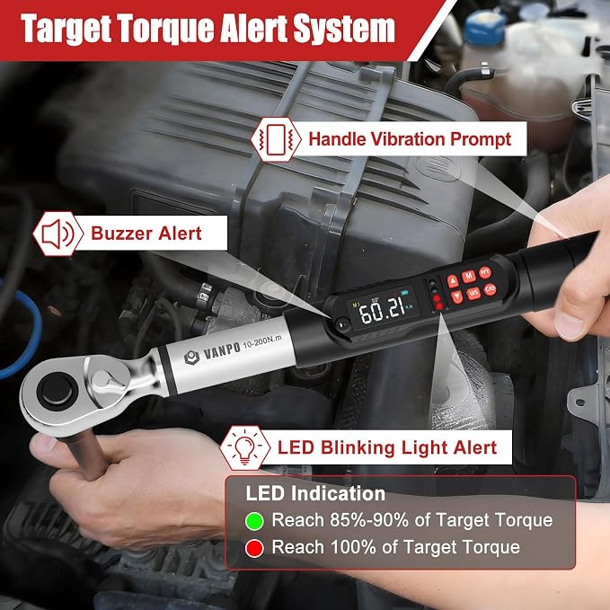 VANPO 1/2 Drive Digital Angle Torque Wrench 7.4-147.5 Ft.lb, ±2% Accuracy | 10-200 Nm Electronic Torque Wrench, Buzzer LED Vibration Alarm, Perfect Tools for Tire Lug Nuts & Car Engine Repair