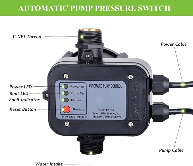 MARSTEK IP65 Automatic Water Pump Controller，Water Pump Pressure Switch Water Flow Sensor Switch Electronic Pump Pressure Regulator for Self-priming Pump，110V-120V~50/60Hz