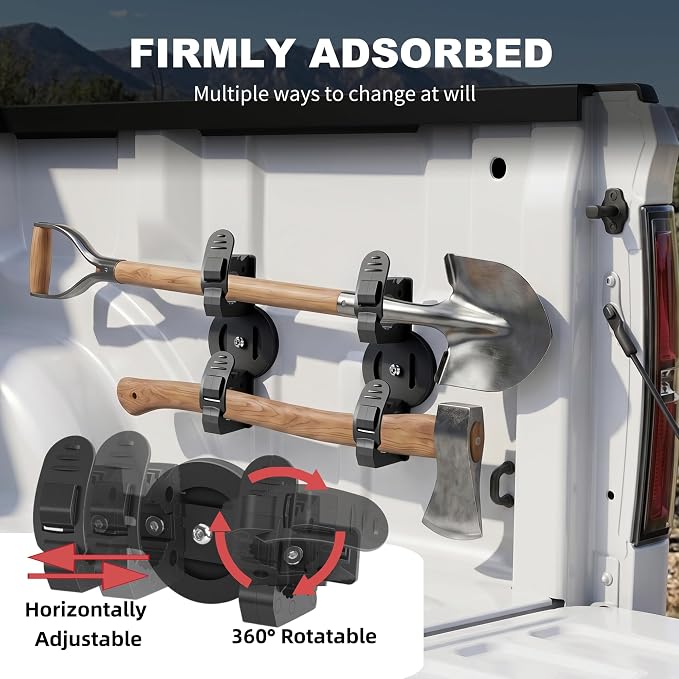 Magnetic Tool Holder for Truck, Double Tier No-Drill Quick Release Shovel Mount Bracket for Utility Tool Organizer Rubber Clamp for Garage, RV, Trailer, Cruise, ATV Storage Molle Panel Accessories