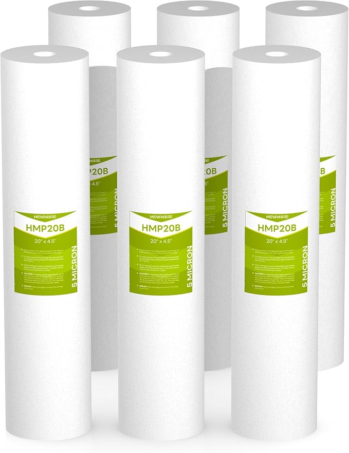 5 Micron 20" x 4.5" Whole House Sediment Filter Cartridge | Melt Blown Polypropylene, High Dirt-Holding Capacity, Fits Standard 20" x 4.5" Big Blue Housings, 6 Pack