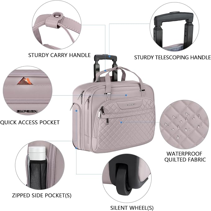 EMPSIGN Rolling Laptop Bag Women with Wheels, Briefcase for Women Fits Up to 15.6 Inch Laptop Briefcase on Wheels, Water-Repellent Overnight Rolling Computer Bag with RFID Pockets, Grey Pink