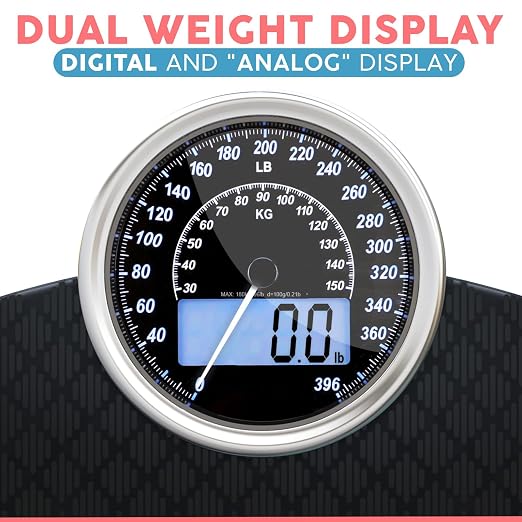 Hybrid Bathroom Scale - Analog & Digital Display, Accurate to 400 lbs | See weight on both an analog dial and digital LCD at once. Wide glass platform, accurate to 0.2 lbs, batteries included.