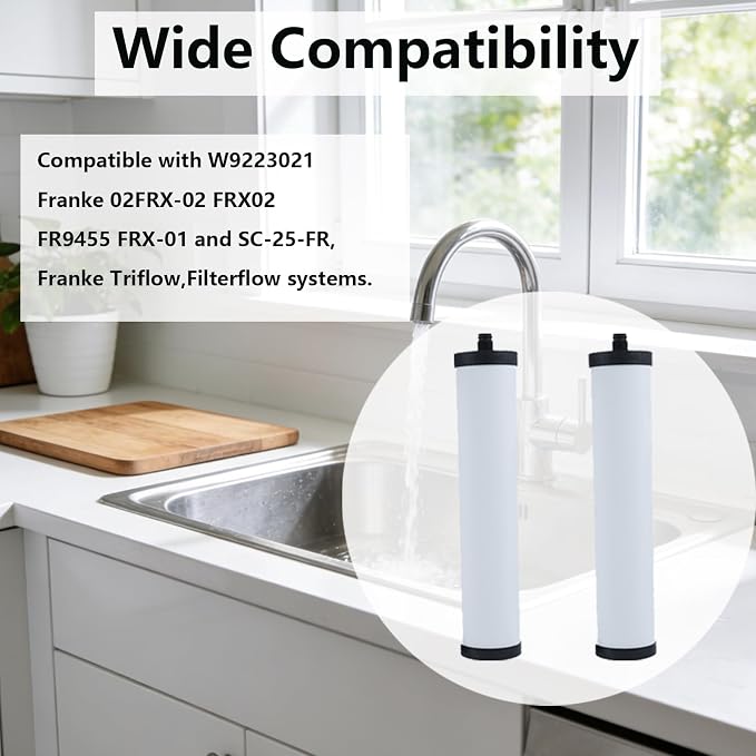 FRX02 Ceramic Water Filter Candle Compatible with W9223021 Franke 02 FRX-02 FRX02 FR9455 FRX-01 and SC-25-FR, Franke Triflow,Filterflow systems(2 Pack)