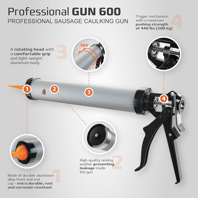DCP Professional Gun 600 Sausage Caulk Gun 20 oz. - Manual Polyurethane & Silicone Gun for Sausage Sealants - 18:1 Thrust Ratio Application Tool with Comfortable Grip