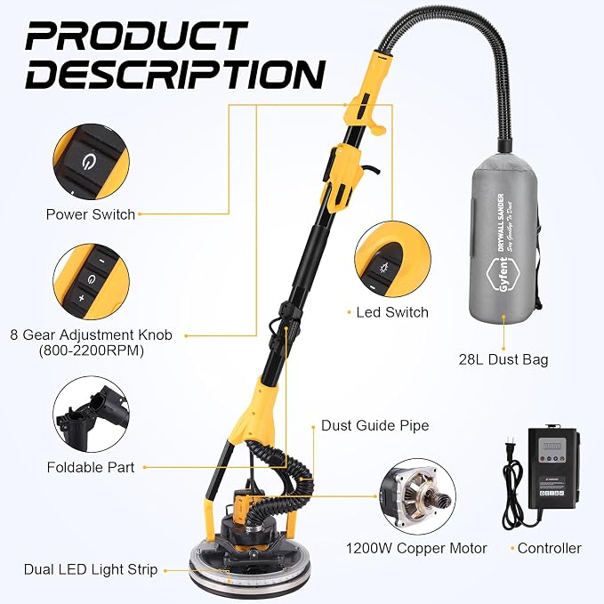 Brushless Drywall Sander, 1200W 10-Amp Popcorn Ceiling Removal Tool with 800-2200RPM 8 Variable Speed 12pcs Sanding Discs Drywall Sander with Vacuum Dust Collector LED Light for Ceiling Sanding