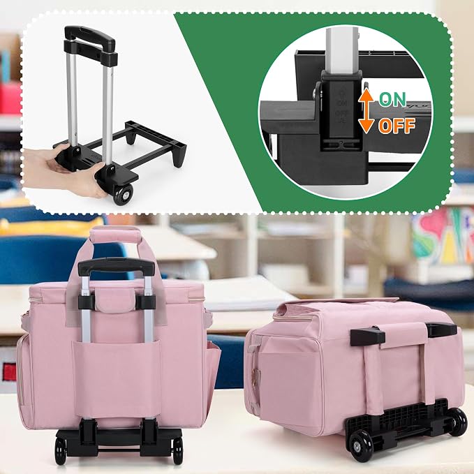 LUXJA Rolling Teacher Bag with Laptop Compartment and Detachable Dolly, Multifunctional Rolling Briefcase with Accordion File Area (Patented), Pink