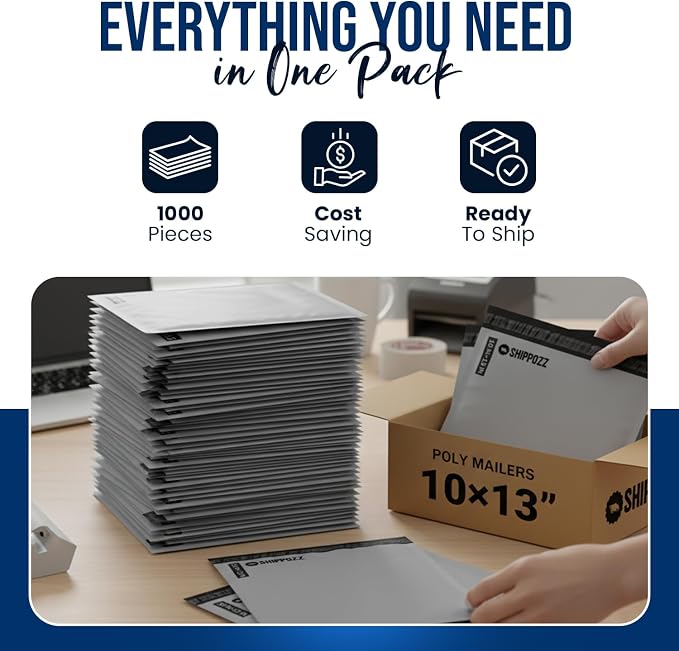 Shippozz 10x13 Poly Mailers 1000 Pack, Durable Waterproof Polymailers for Shipping Clothes, Self Seal Mailing Bags for Small Business Packaging Supplies, Mailing Envelopes for Books, and Accessories