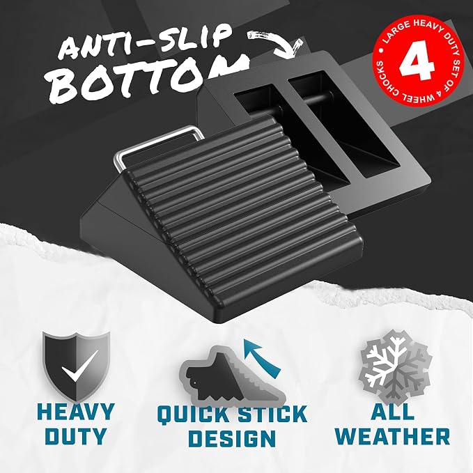 Wheel Chocks for Cars, RVs, Trucks, Trailers, and Vehicles G.V.W. up to 12T, 4 Pack - Anti Slip Bottom Tire Chock for All Weather Use - RV, Travel Trailer, Pop Up Camper Accessory
