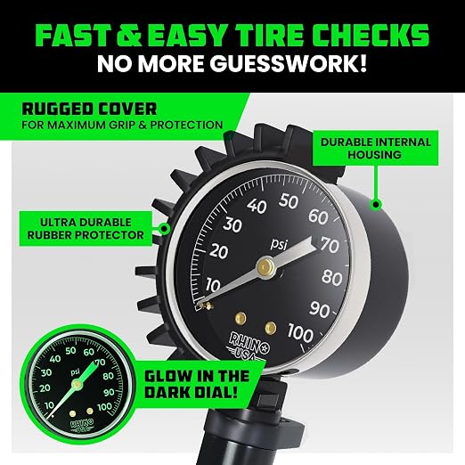 Rhino USA Tire Pressure Gauge with Inflator (0-100 PSI) - Heavy Duty Air Chuck and Compressor Accessories with Stainless Braided Hose, Large Analog Dial and Solid Brass Hardware for Truck and RV