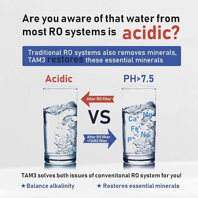 Frizzlife TAM3 Under Sink Inline Water Filter - Alkaline PH+ Remineralization, NSF/ANSI 42 Certified, Adjust Taste & PH, Restore Essential Minerals, 1/4" Pipe Fits for Reverse Osmosis Systems