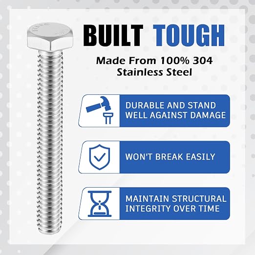 Zonon 50 Pcs 3/8-16 x 2 Hex Head Screw Bolt 18-8 (304) Stainless Steel Hexagon Bolts, Fully Threaded, Plain Finish, External Hex Drive (Silver)