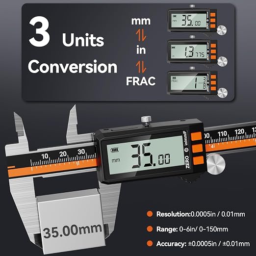 Preciva Digital Caliper 6", Rechargeable Stainless Steel Micrometer | Type-C charging, durable steel body, large LCD with auto-off saves power, in/mm/frac, for 3D-printing machining woodworking