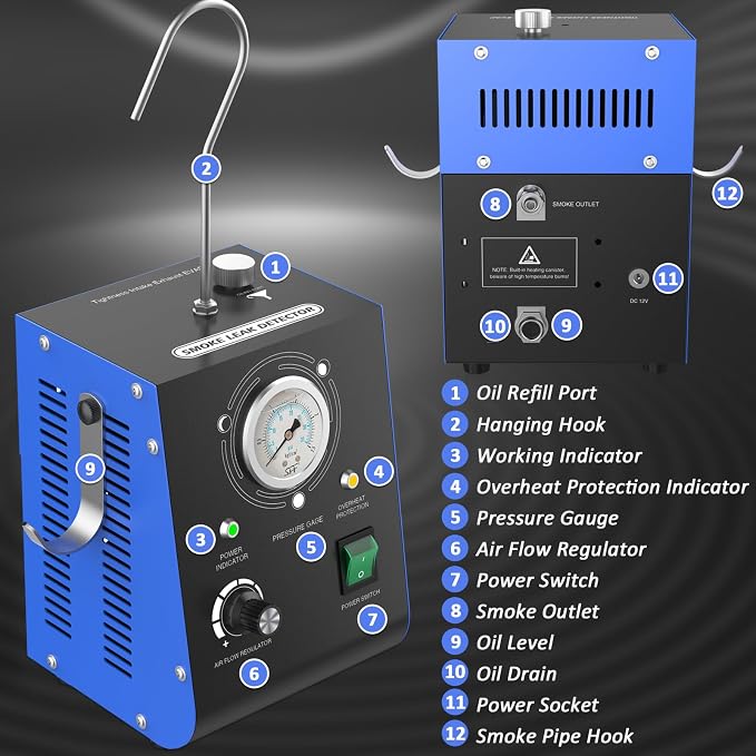Automotive Smoke Machine Leak Detector Built in Air Pump, EVAP Automotive Smoke Tester with Adjustable Pressure Gauge for Vacuum Leaks, Smoke Tester Automotive for DC 12V Vehicle Pipe Systems