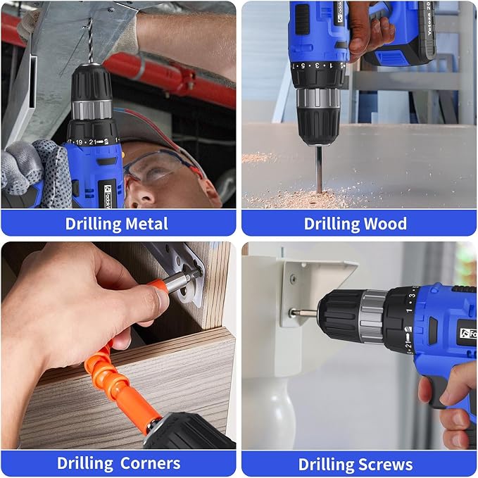 FADAKWALT Cordless Drill Set, 20V Electric Power Drill with Battery And Charger, Torque 30N, 21+1 Torque Setting, 3/8-Inch Keyless Chuck, LED Work Light, Complete Drill & Driver Bits Kit（blue)