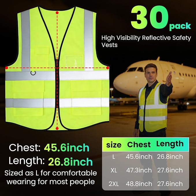 30 Pack High Visibility Reflective Safety Vests with Pockets and Zipper, High Visibility Mesh Construction Vest