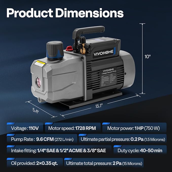VIVOHOME 1 HP 9.6 CFM 2 Stage A2L HVAC Vacuum Pump, Sparkless Motor for R32 R1234yf R454B R134a R22 R410a Systems, Auto AC Vacuum Pump for Air Conditioner Resin Degassing with Oil Bottle