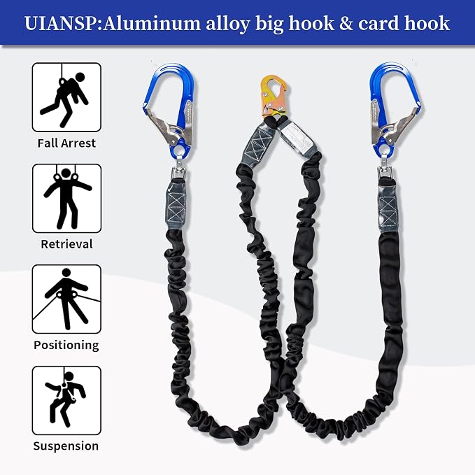 6ft Safety Lanyard Double Leg Internal Shock Absorbing Safety Fall Protection Lanyard with Rope Harness Safety Lanyard Dual Rebar & Snap Hook Roofer Fall Protection Equipment（Aluminium Alloy）