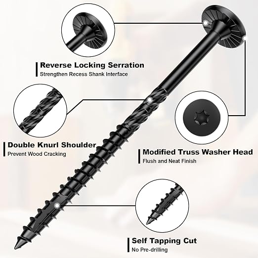FMhotu #14 Heavy-Duty Wood Screws, Star Drive Deck Screws, Rust Resistant Timber Screws for Timber/Log/Landscaping Wood (10 Inch,1000Pcs,Black)