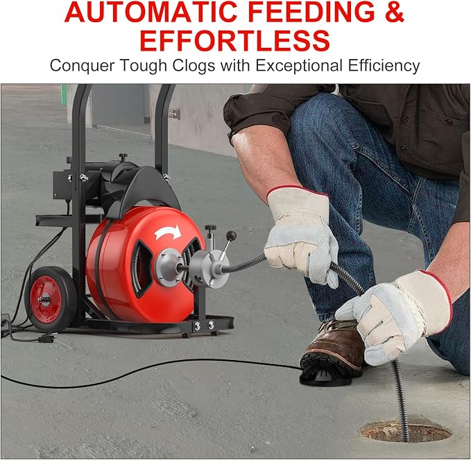 50FT 1/2 Inch Auto Feed Drain Cleaning Machine, Portable Electric Drain Auger with 6 Cutter & Air-Activated Foot Switch, Sewer Snake Drain Cleaner for 1" to 4" Pipes, Red