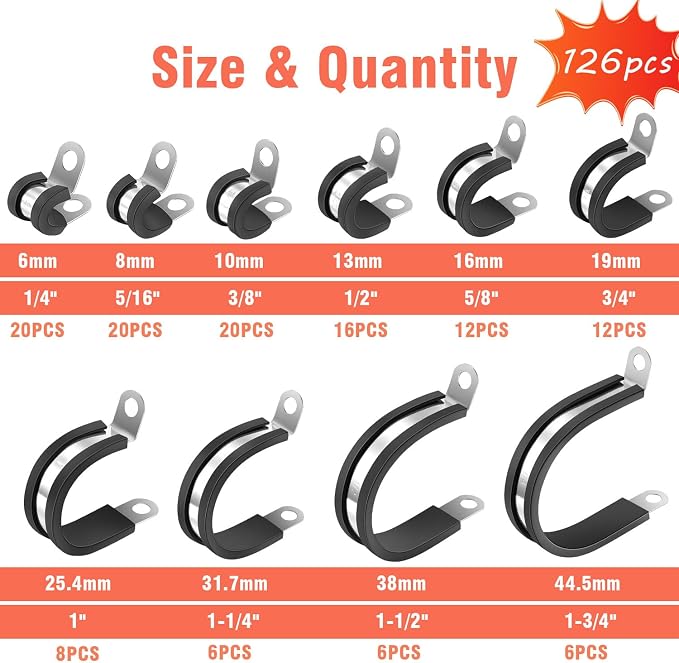 AKIHISA 126Pcs Kit 1/4"-1-3/4" 10Sizes Cable Clamps Kit, 304 Stainless Steel Conduit Clamps, for Cable, Pipe, Hose, Fuel Line, Metal Wire Cord Installation