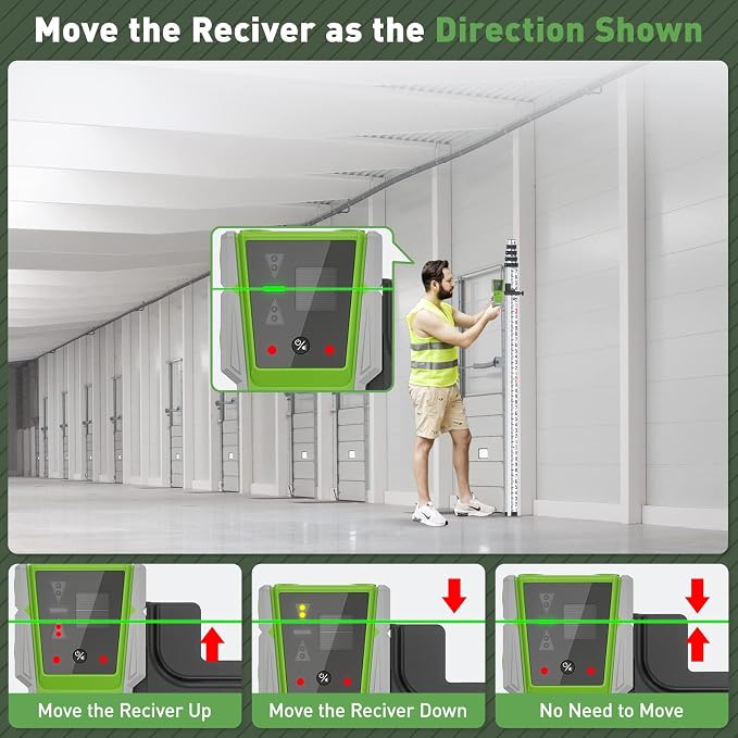 Huepar LR-8RG Laser Receiver, Compatible with All Huepar and Pro Laser Levels with Pulse Mode, ±1/17 In, Up to 200Ft, Green & Red Beams Laser Detector, Two-Sided LED Prompt, Magnet, Clamp Included