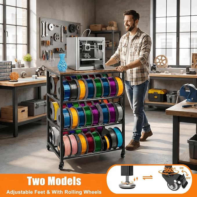 3D Printer Stand with Filament Storage, 4-Tier 3D Printer Table Cart Filament Storage Rack with Wheels, Heavy Duty Metal 3D Printer Desk Shelf for Studio Garage Office Workshop