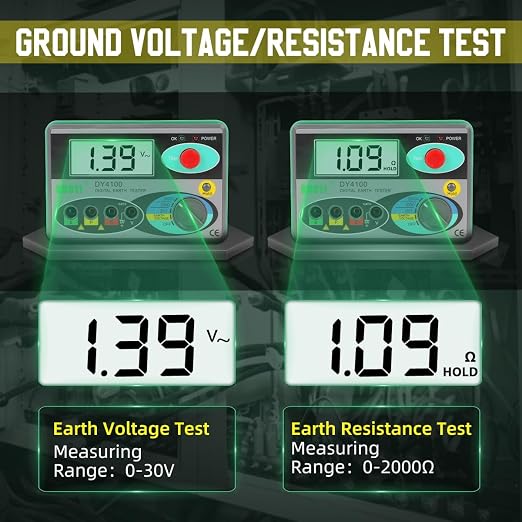 DUOYI Digital Earth Ground Resistance Tester,0-2000 ohm Meter Earth Resistance Tester,Overload Protection AC Ground Voltage Meter with 6Pcs 1.5V Battery,Tool Bag