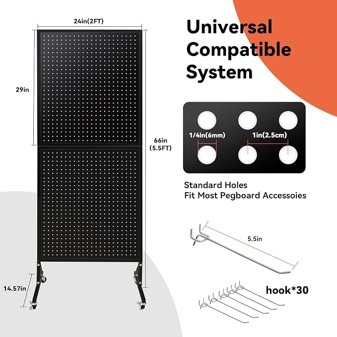 2'×5.5' Standing Peg Board Display Stand with Wheels & 30 Hooks & T-Base, Metal Portable Heavy Duty Pegboard Display Rack with Locking Casters for Retail Store, Craft Show, Vendors, Art Display Black