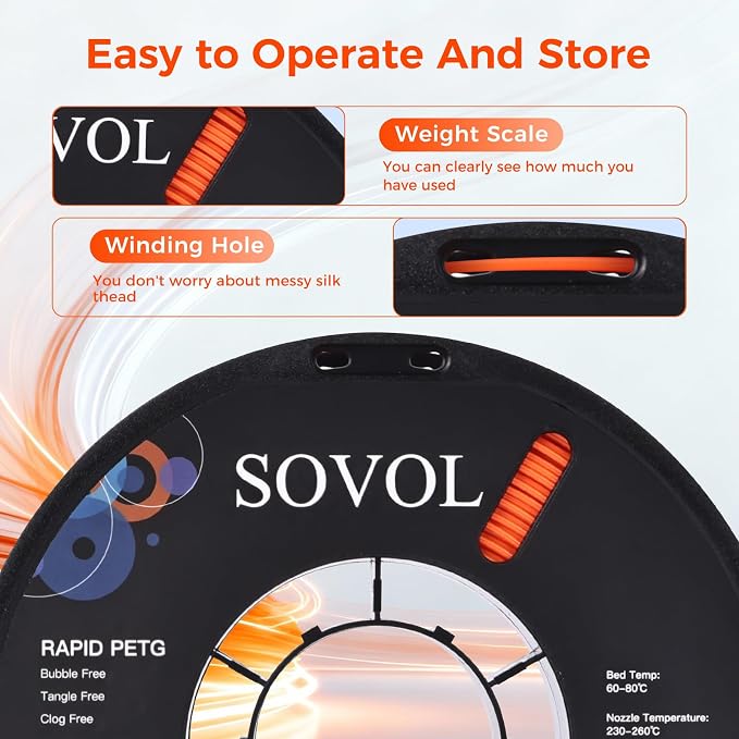 Sovol 3D Printer Rapid PETG Filament 1.75mm 1KG (2.2lbs), High Precision, Strong Toughness, Wiring Tightness, Dimensional Accuracy +/- 0.03 mm, 3D Printing High Speed PETG Filaments, Orange