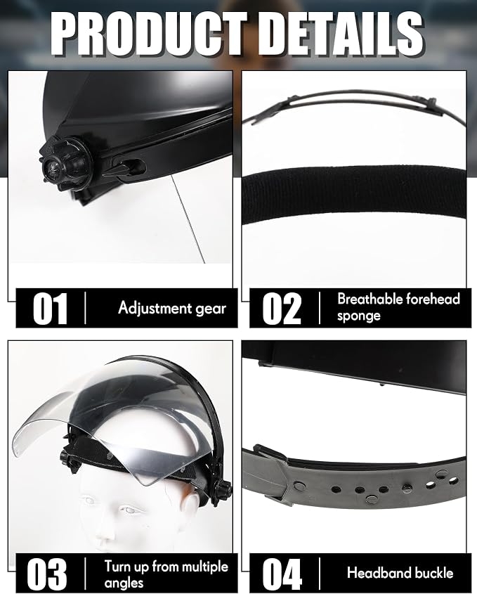 Tellegloww 4 Pcs Clear Safety Face Shield for Grinding & Cutting, Lightweight Full Impact Resistant with Adjustable Ratcheting Headgear Face Shield Mask for Work Chemical Woodworking Industrial, Black