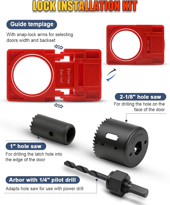 Door Hinge Jig and Door Lock Installation Kit, Aluminum Alloy Router Template for Hinge Mortising from 2.5" to 5" and Types of Square, 1/4", 5/8" Radius, Door Hole Drilling Kit for Knob and Deadbolt