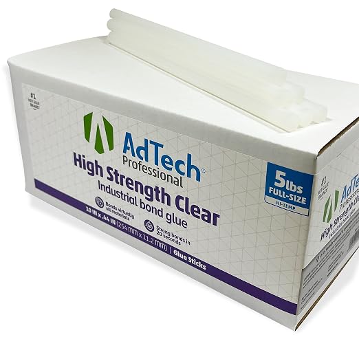 AdTech Professional High-Strength Industrial Bond Hot Glue Sticks – 10" Full Size, Clear, High Temp, Fast 20-Second Set Time, Strong Adhesion to Most Materials, 5 lb Box