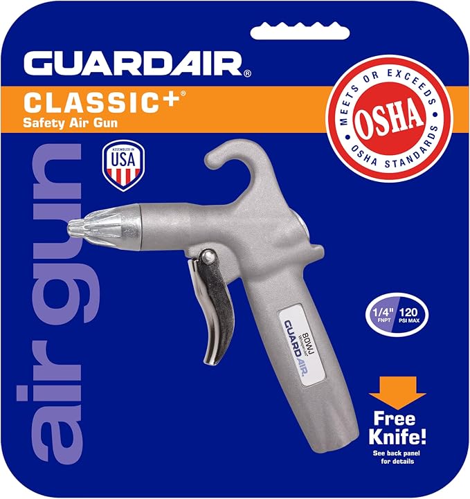 Guardair 80WJ Whisper Jet Safety Air Gun - Volume Control, Comfortable Pistol Style Grip, Ideal for Cleaning Bench Tops, Work Stations, or Machinery in Noise Sensitive Areas, 1/4 Inch Inlet