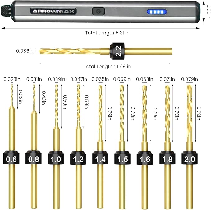 AM ARROWMAX Mini Electric Drill Pen, 13 in 1 with Aluminium case, Rechargeable, 900 RPM, Needle Vise Hand Drill Kit, 10 HSS Bits, DIY, Wood, Jewelry Making (SDS MINI)