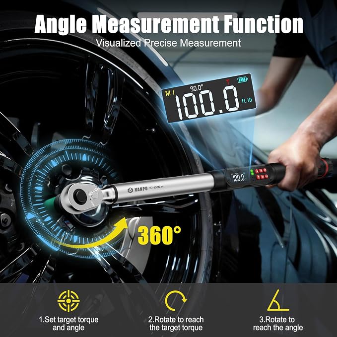 VANPO 1/2 Drive Digital Angle Torque Wrench 14.7-295 ft.lb, ±2% Accuracy | 20-400 Nm Electronic Torque Wrench, Buzzer LED Vibration Alarm, Perfect for Heavy Duty Truck, Bus & Diesel Repair